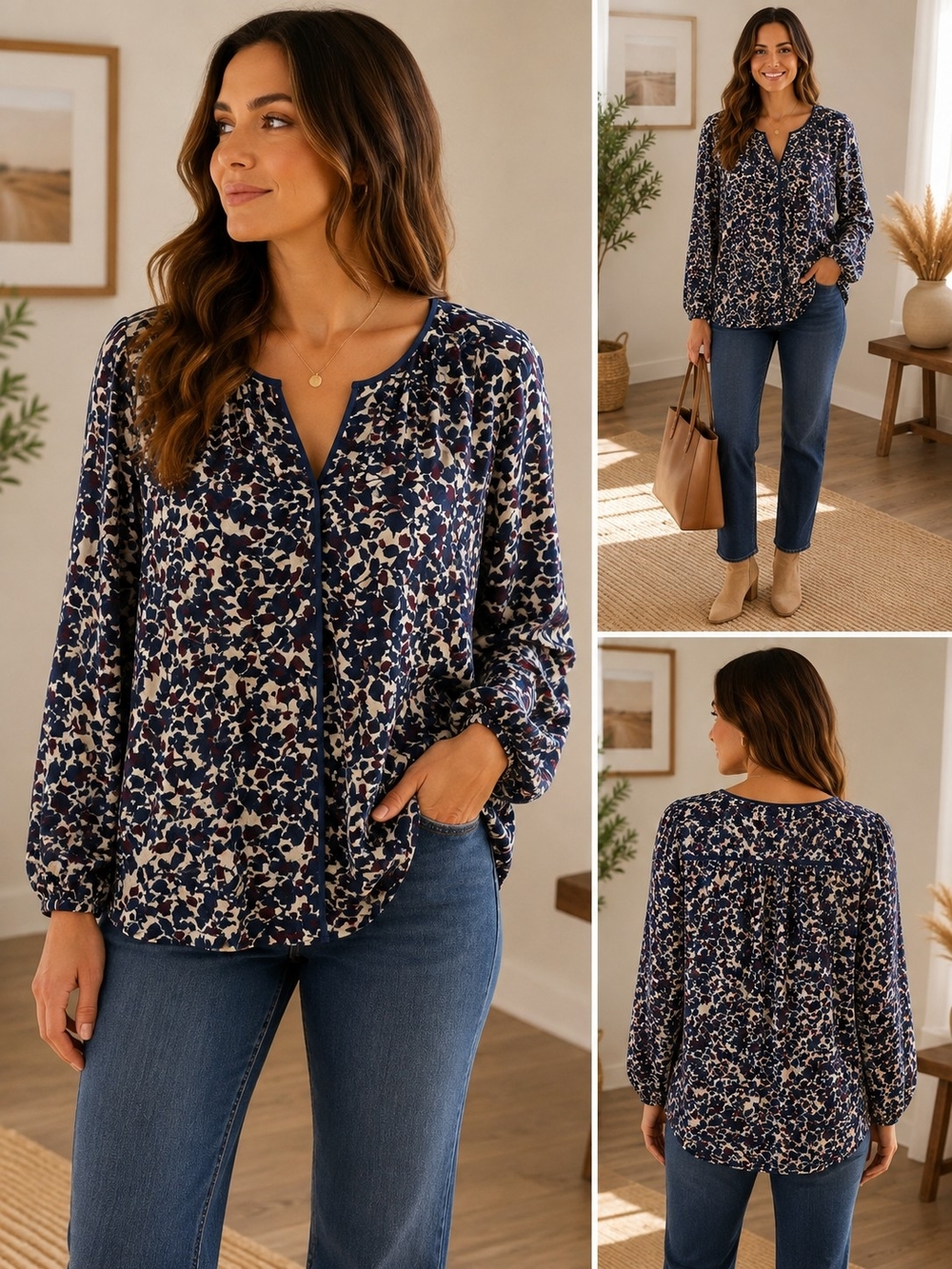 LOFT Navy Multi-Color Floral Button-Front Blouse